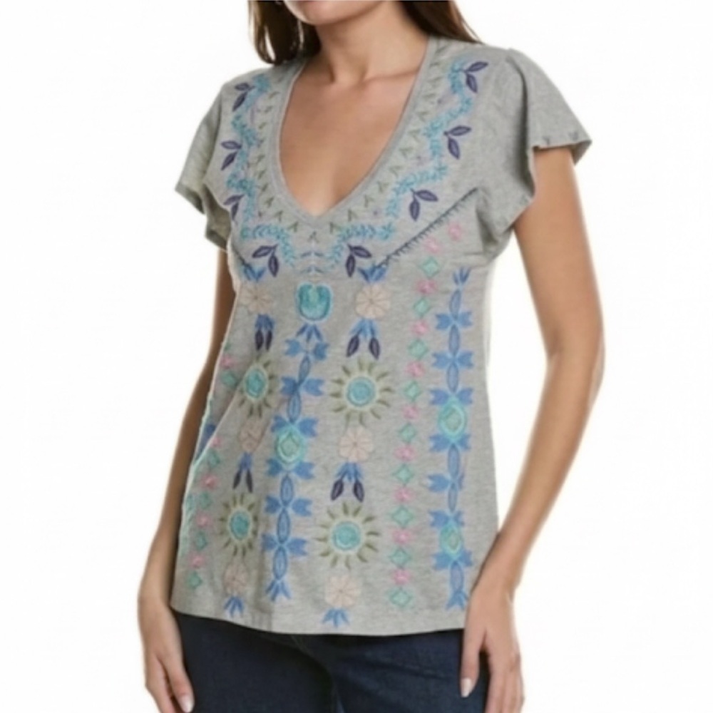 Johnny Was Gray “Oriel” Flutter Sleeve Top With Embroidery Extra Small EUC!
